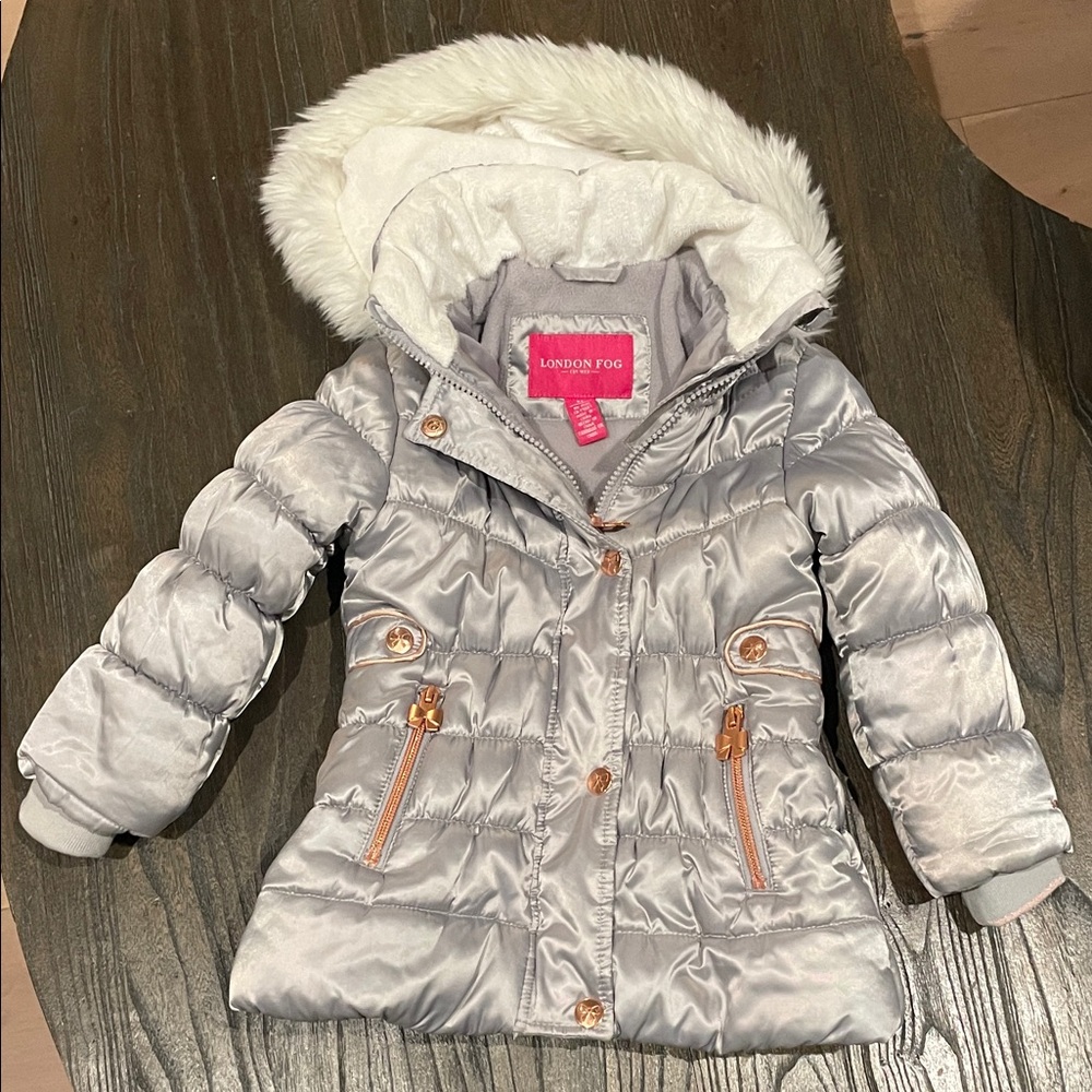 London Fog Metallic Gray Puffer Coat with Faux Fur Trim